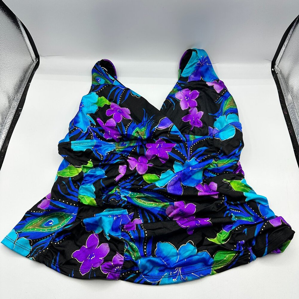 Womens Swim Top Straps Longitude Size M Floral Blue Purple Ruffle Slimming
